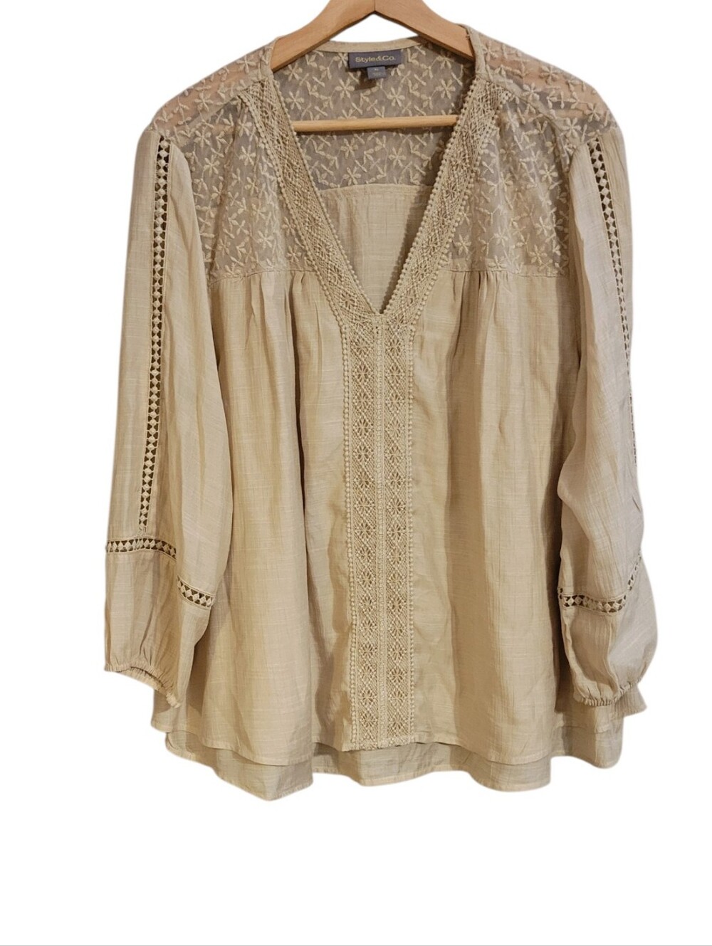 Style & Co Beige Embroidered Peasant Top